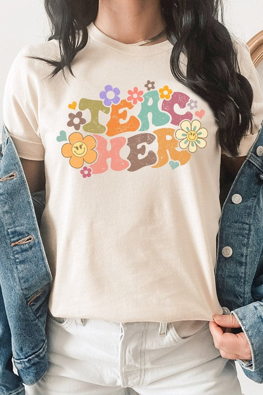 Teacher Pastel Floral Lash Smiley Graphic Tee free shipping -Oh Em Gee Boutique