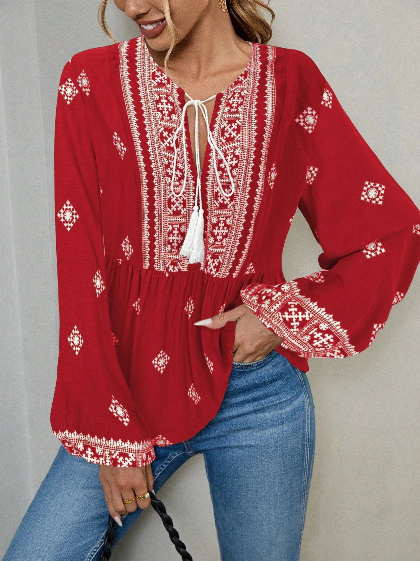 Tie Front Long Sleeve Blouse free shipping -Oh Em Gee Boutique