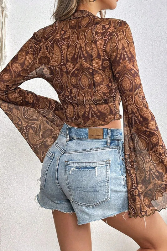 Printed Mock Neck Flare Sleeve Top free shipping -Oh Em Gee Boutique
