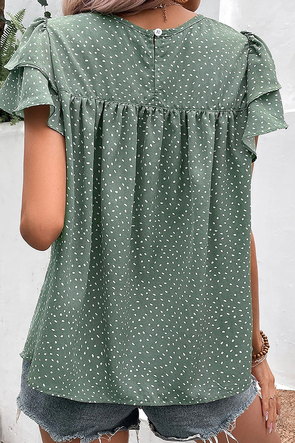 Ruffled Printed Round Neck Cap Sleeve Blouse free shipping -Oh Em Gee Boutique