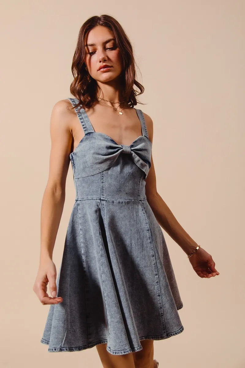 SO ME Mineral Washed Bow Ribbon Denim Flare Dress free shipping -Oh Em Gee Boutique