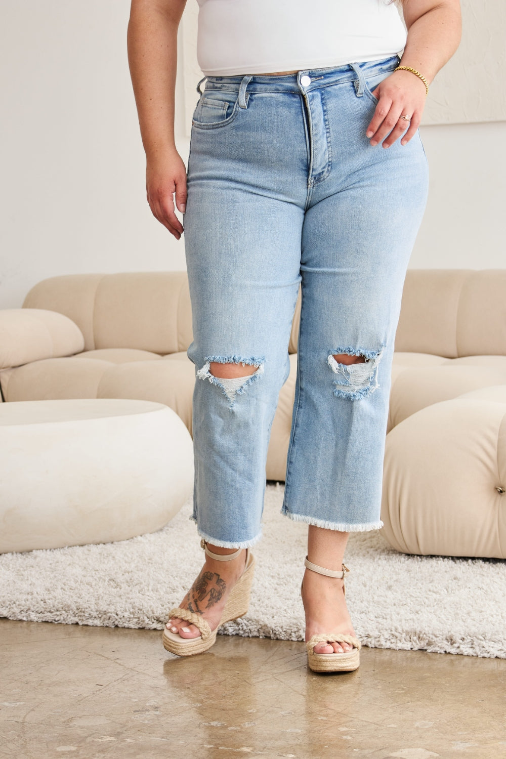RFM Full Size Tummy Control High Waist Raw Hem Distressed Jeans free shipping -Oh Em Gee Boutique