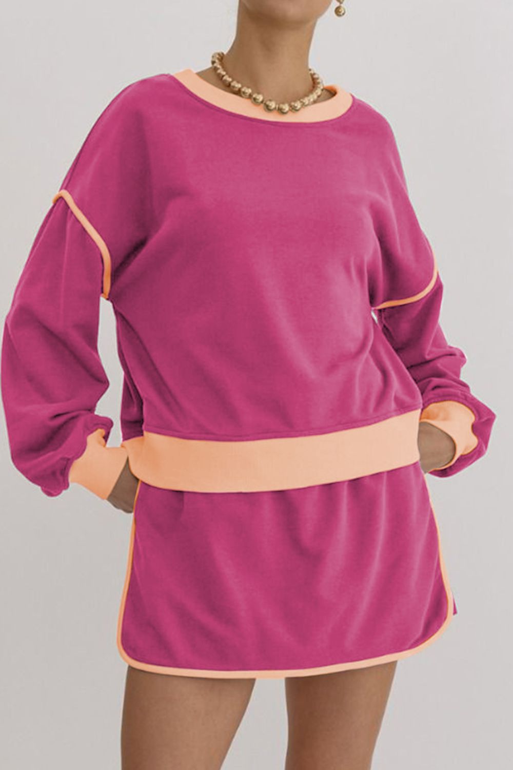 Contrast Trim Round Neck Top and Skort Set free shipping -Oh Em Gee Boutique