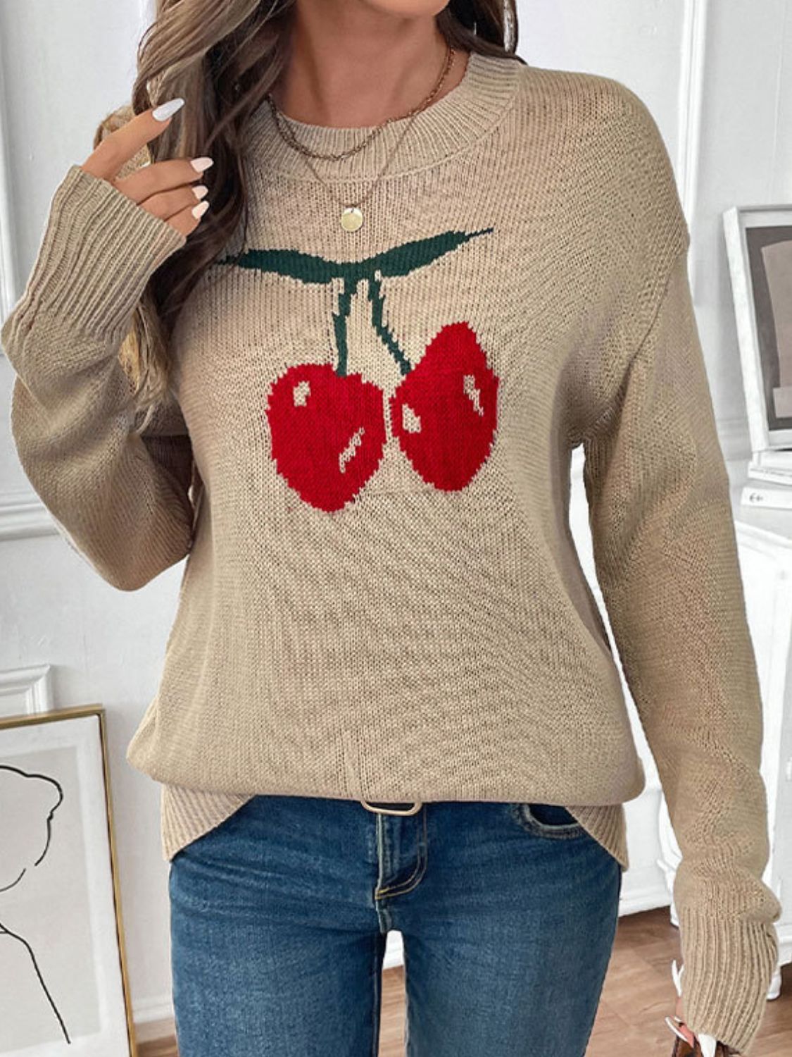 Perfee Cherry Round Neck Long Sleeve Sweater free shipping -Oh Em Gee Boutique