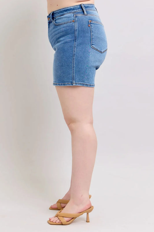Judy Blue Full Size 2 Button Denim Shorts with Pockets Plus Size free shipping-Oh Em Gee Boutique