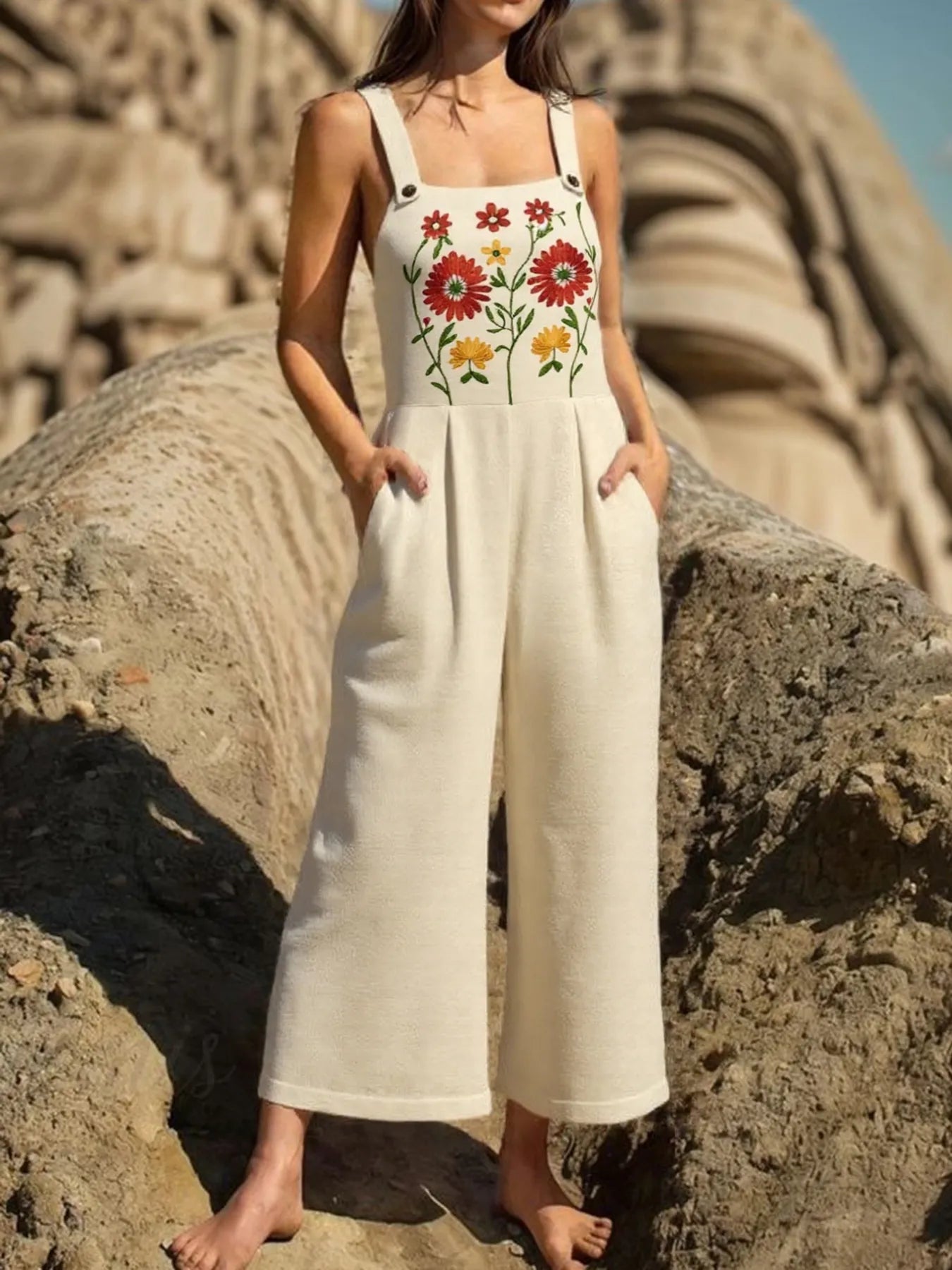 Floral Embroidered Wide Leg Jumpsuit free shipping -Oh Em Gee Boutique
