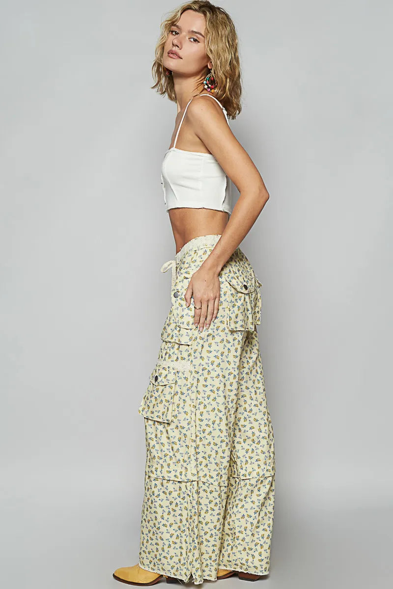 POL Floral Cargo Wide Leg Pants with Lace Drawstring free shipping -Oh Em Gee Boutique