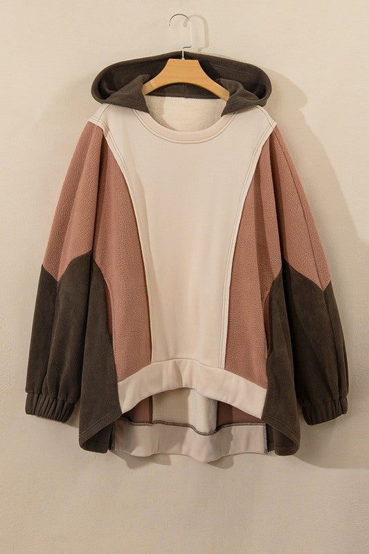 Brown Exposed Seam Colorblock Plus Size Hoodie free shipping -Oh Em Gee Boutique