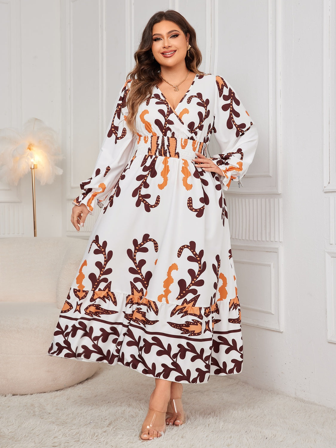 Plus Size Printed Surplice Flounce Sleeve Dress free shipping -Oh Em Gee Boutique