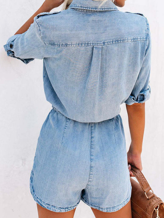 Drawstring Half Button Half Sleeve Denim Romper free shipping -Oh Em Gee Boutique