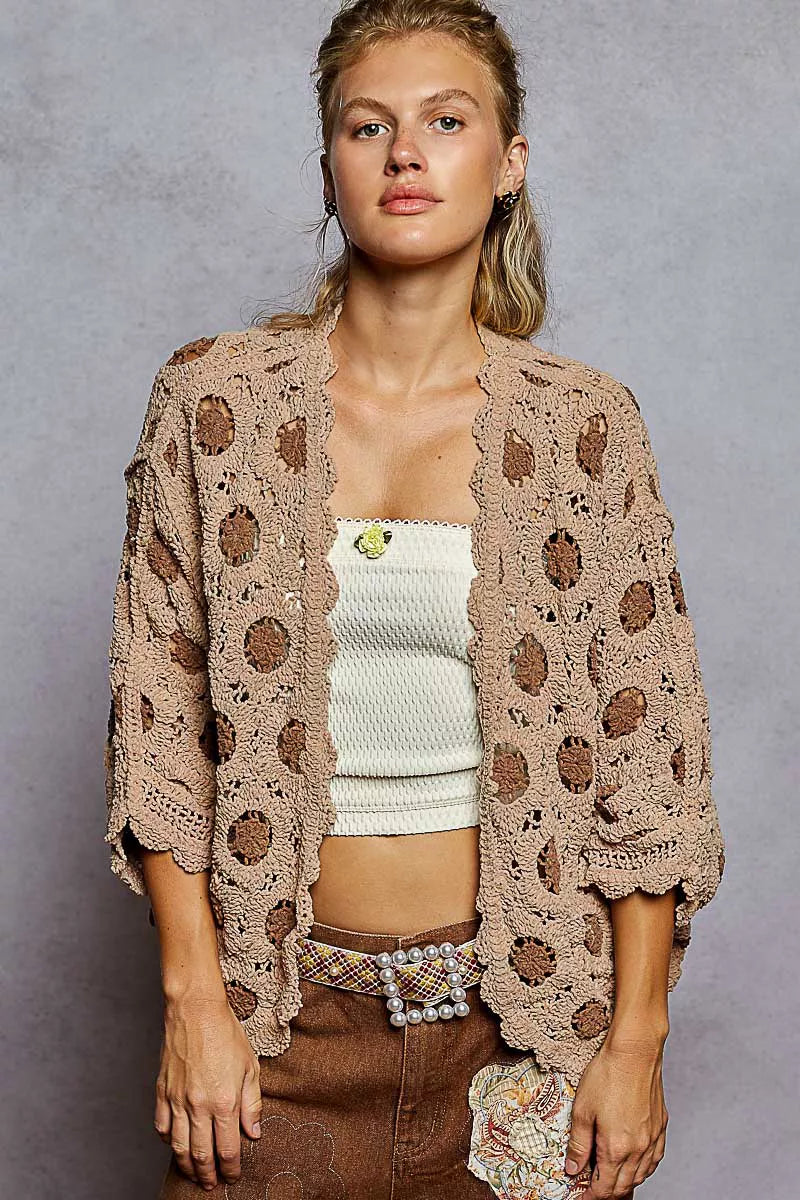 POL Openwork V-Neck Chenille Cardigan with Contrast Floral free shipping -Oh Em Gee Boutique