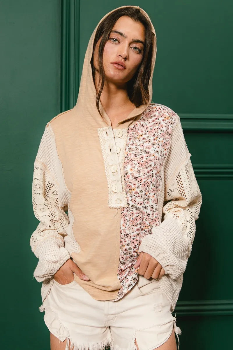 BiBi Slub Jersey with Lace Combo Buttoned Hoodie Top free shipping -Oh Em Gee Boutique