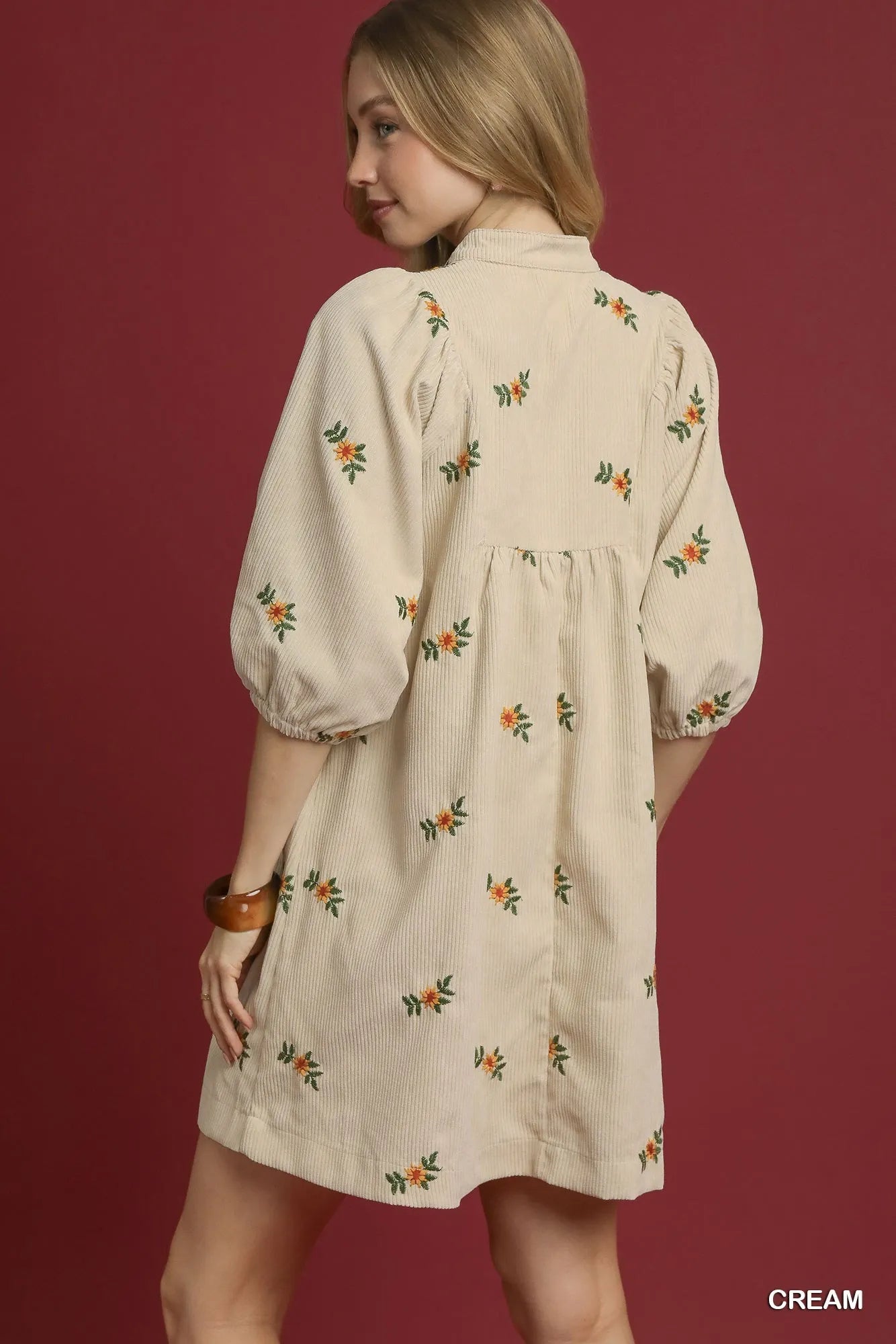 Umgee Corduroy Babydoll Dress with Floral Embroidery free shipping -Oh Em Gee Boutique