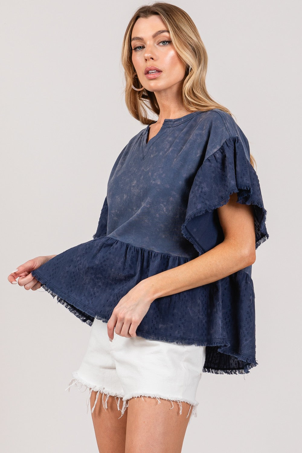 SAGE + FIG Ruffle Sleeve Washed Short Sleeve Blouse free shipping -Oh Em Gee Boutique