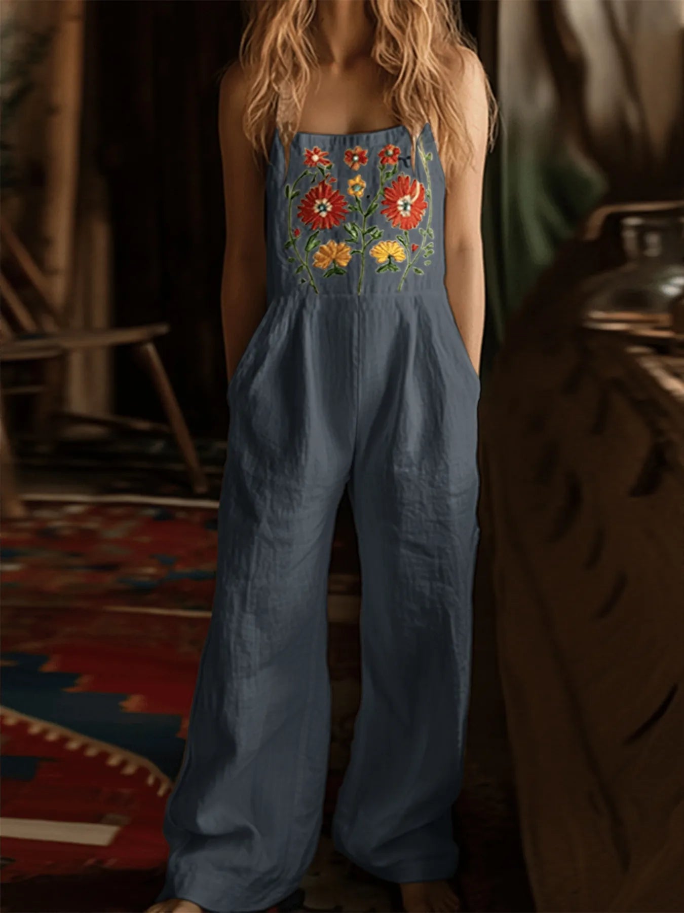Floral Embroidered Wide Leg Jumpsuit free shipping -Oh Em Gee Boutique