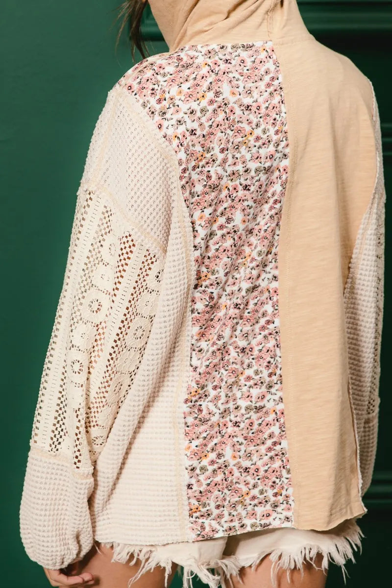BiBi Slub Jersey with Lace Combo Buttoned Hoodie Top free shipping -Oh Em Gee Boutique