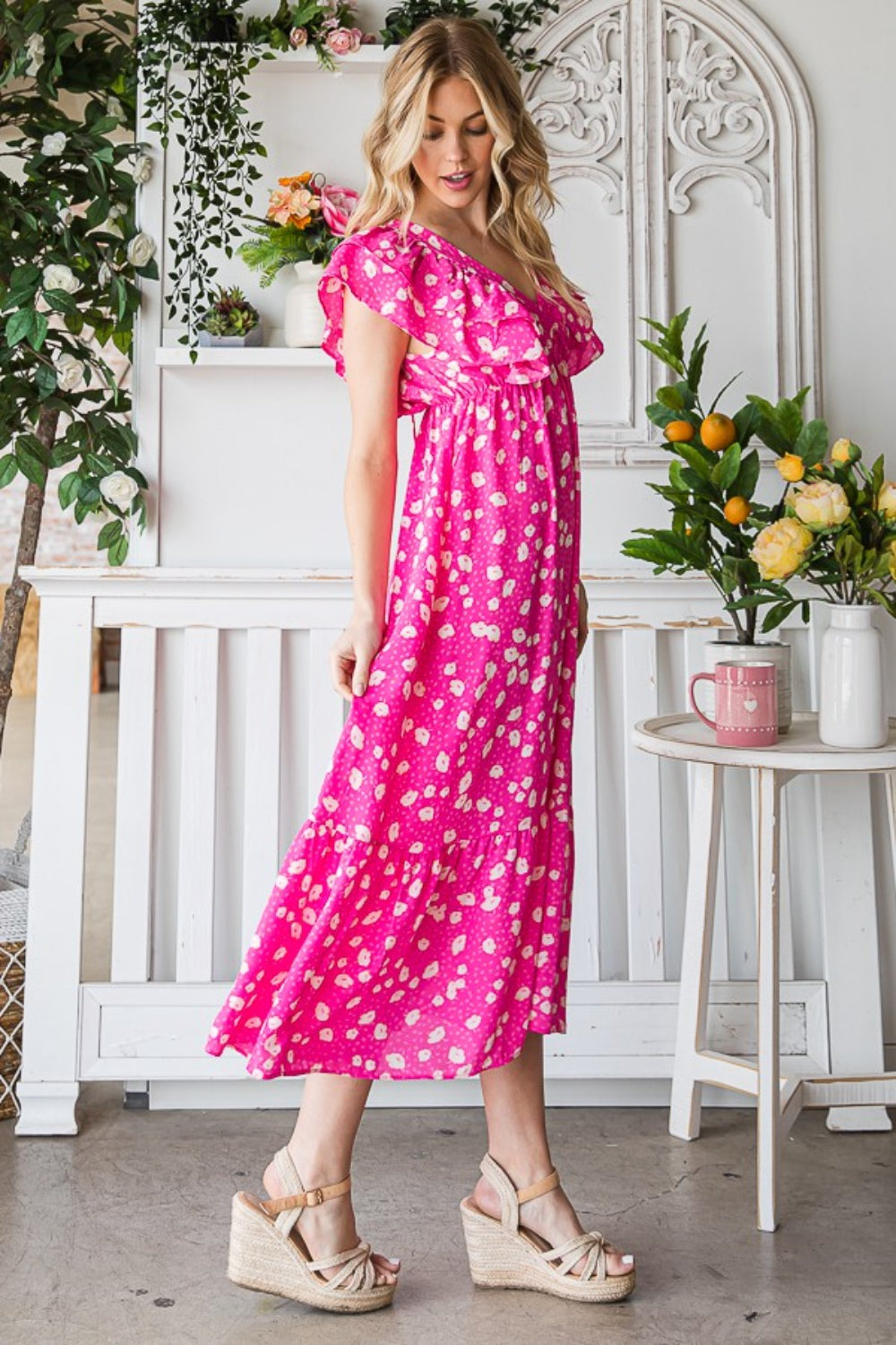 Reborn J Printed V-Neck Ruffle Trim Tiered Midi Dress free shipping -Oh Em Gee Boutique