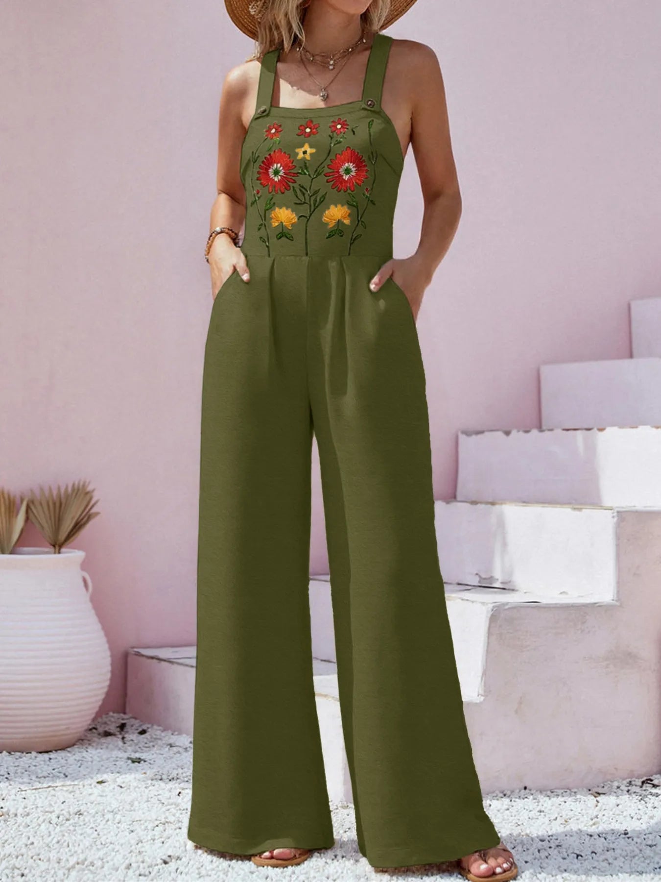 Floral Embroidered Wide Leg Jumpsuit free shipping -Oh Em Gee Boutique