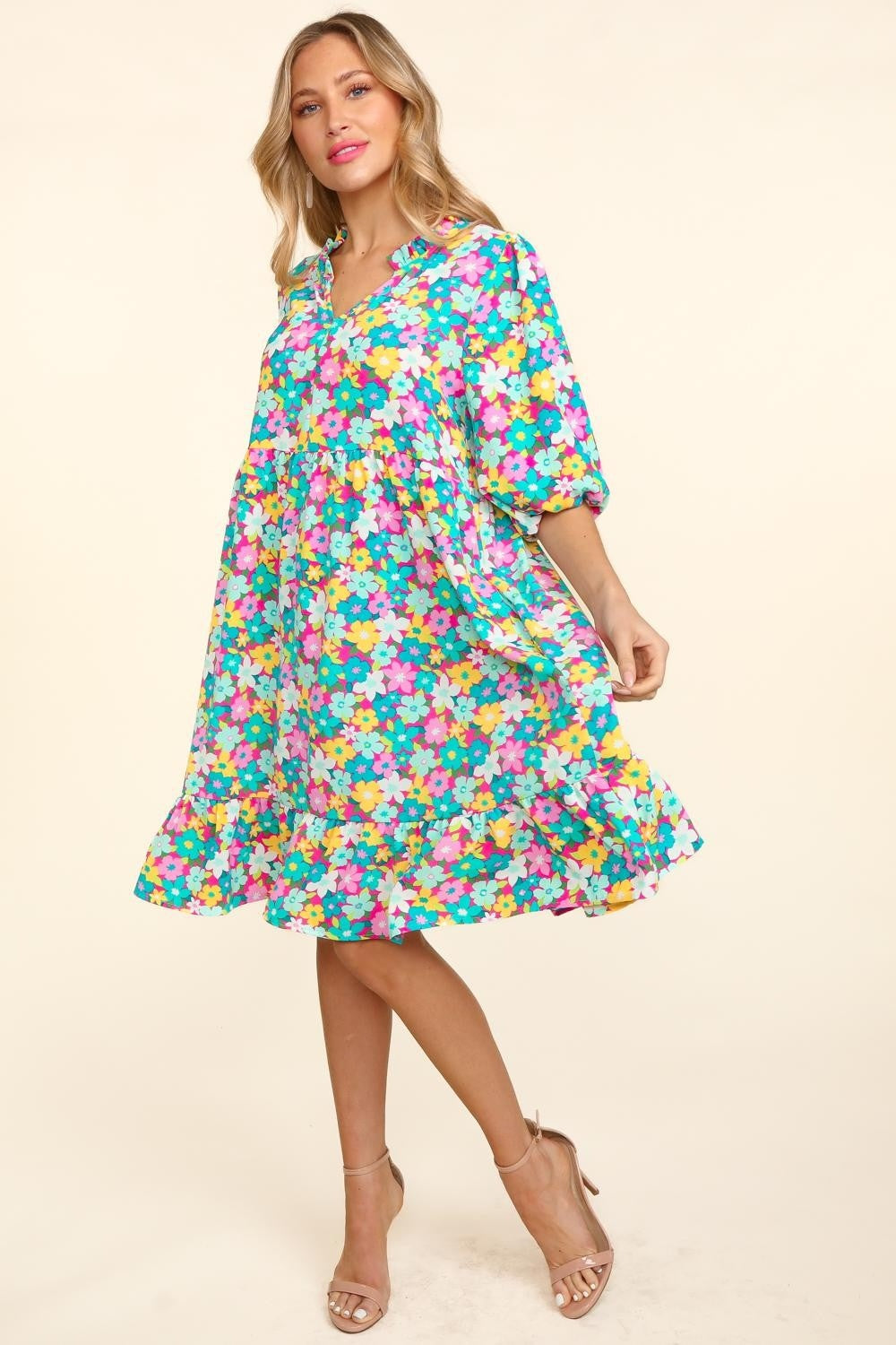 Haptics Bubble Sleeve Floral Ruffled Dress free shipping -Oh Em Gee Boutique