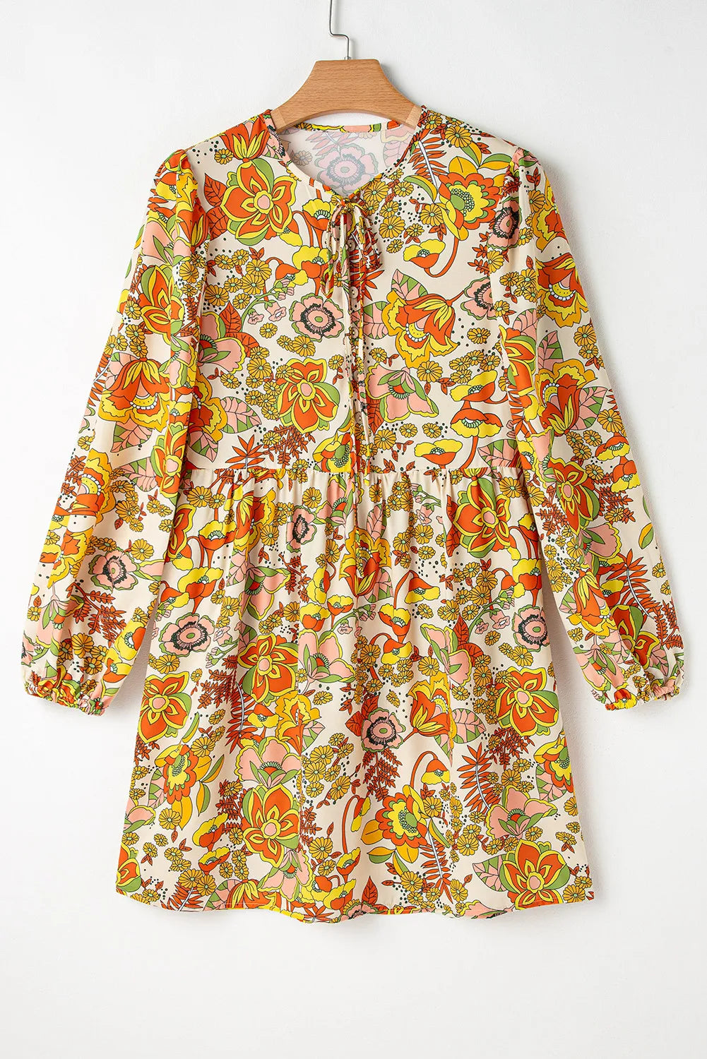Printed Tie Neck Balloon Sleeve Mini Dress free shipping -Oh Em Gee Boutique