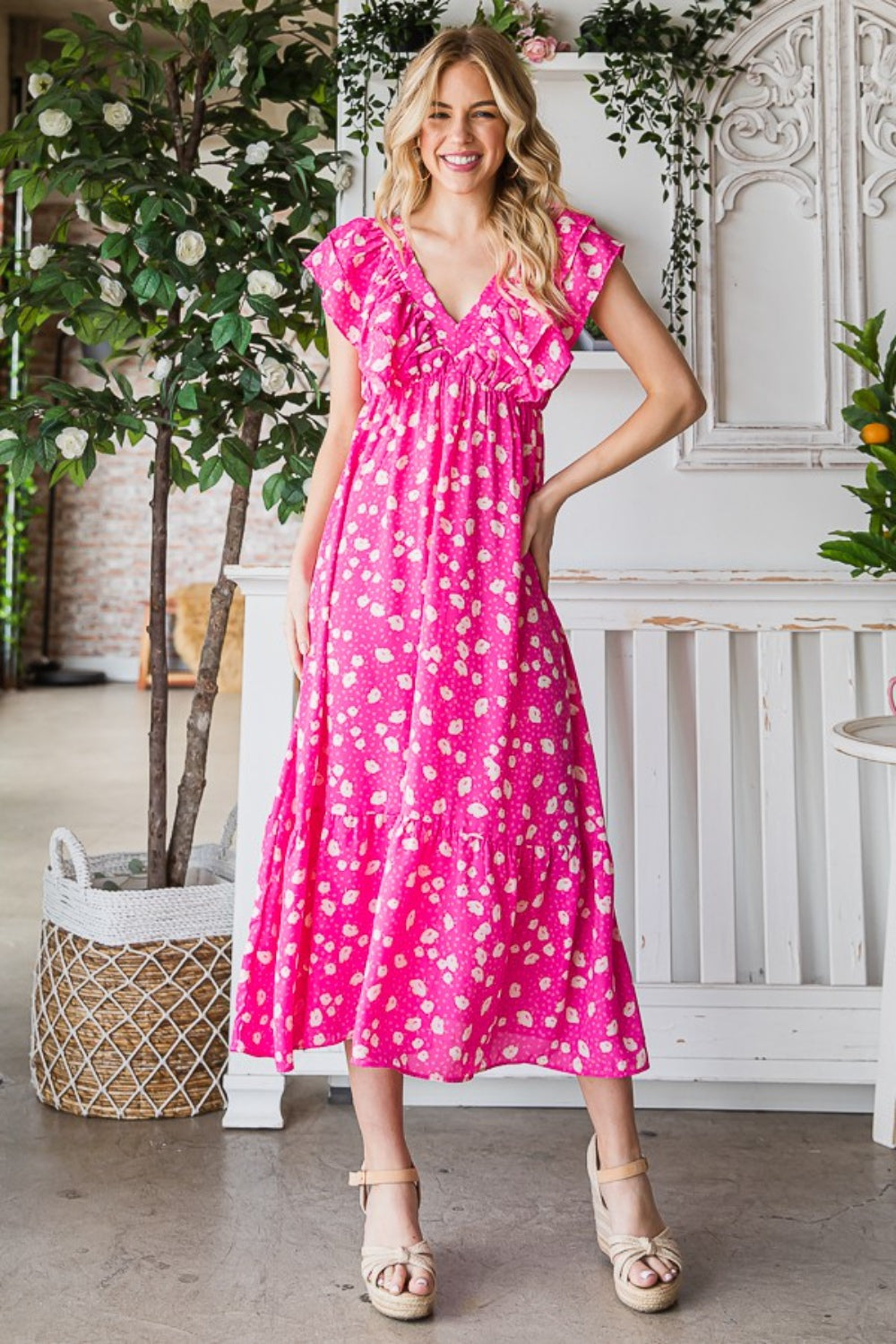 Reborn J Printed V-Neck Ruffle Trim Tiered Midi Dress free shipping -Oh Em Gee Boutique