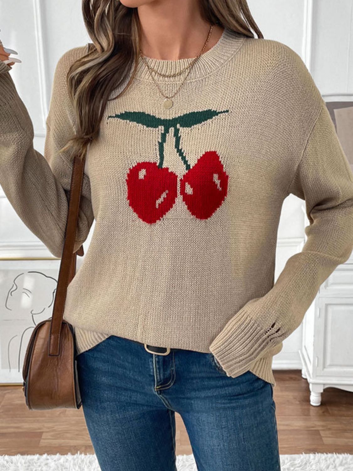 Perfee Cherry Round Neck Long Sleeve Sweater free shipping -Oh Em Gee Boutique