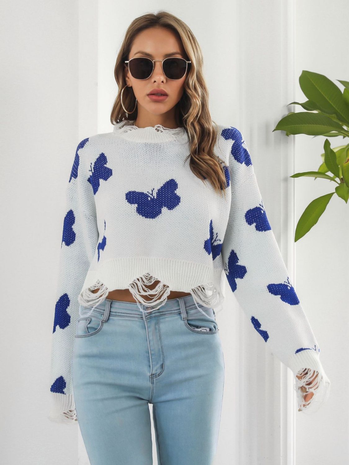 Distressed Butterfly Cropped Sweater free shipping -Oh Em Gee Boutique