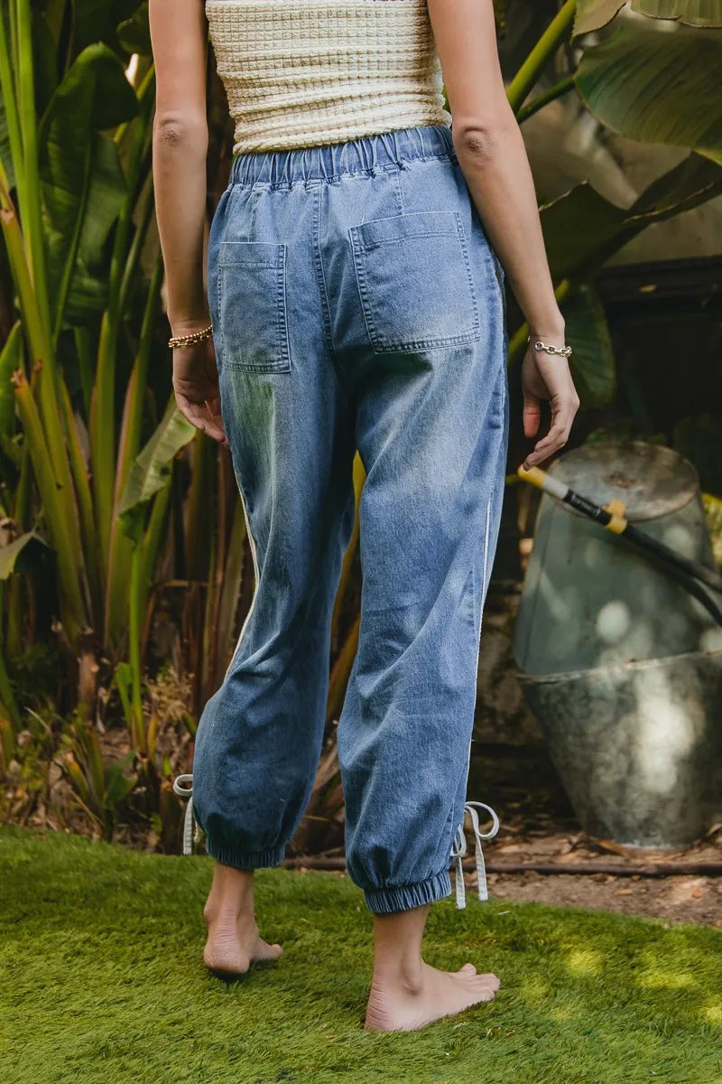 BiBi Striped Tape Details With Bot Tied Point Elastic Waist Jeans free shipping -Oh Em Gee Boutique