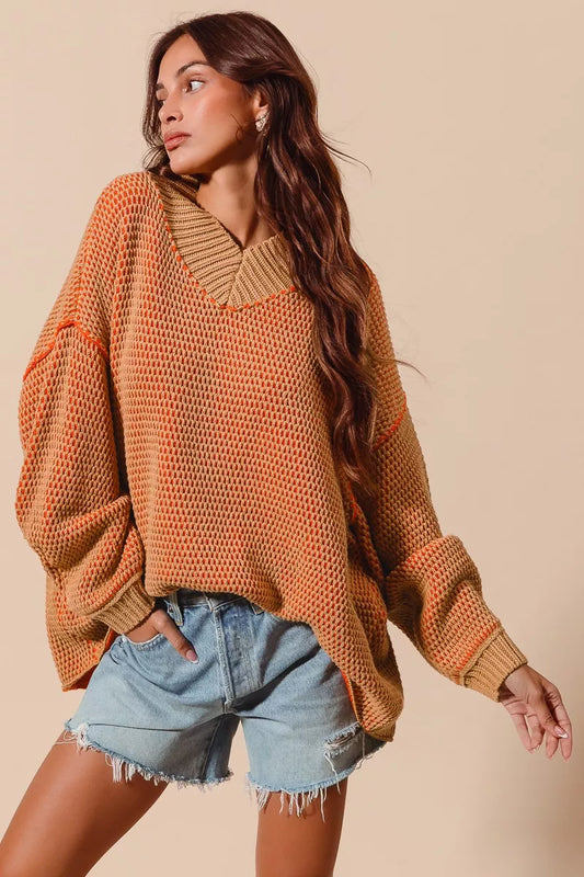 SO ME Oversized Two Tone Textured V Neck Sweater free shipping -Oh Em Gee Boutique