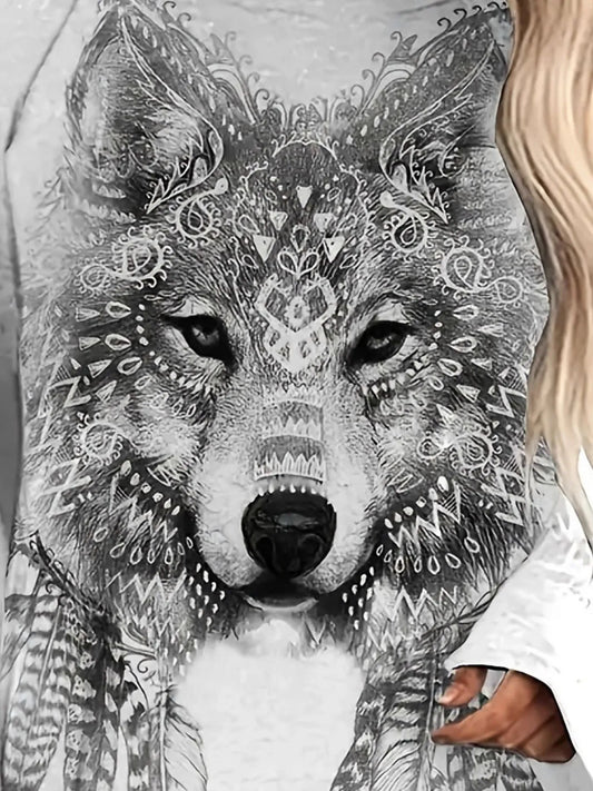 Bohemian Wolf Print Long Sleeve T-Shirt free shipping -Oh Em Gee Boutique
