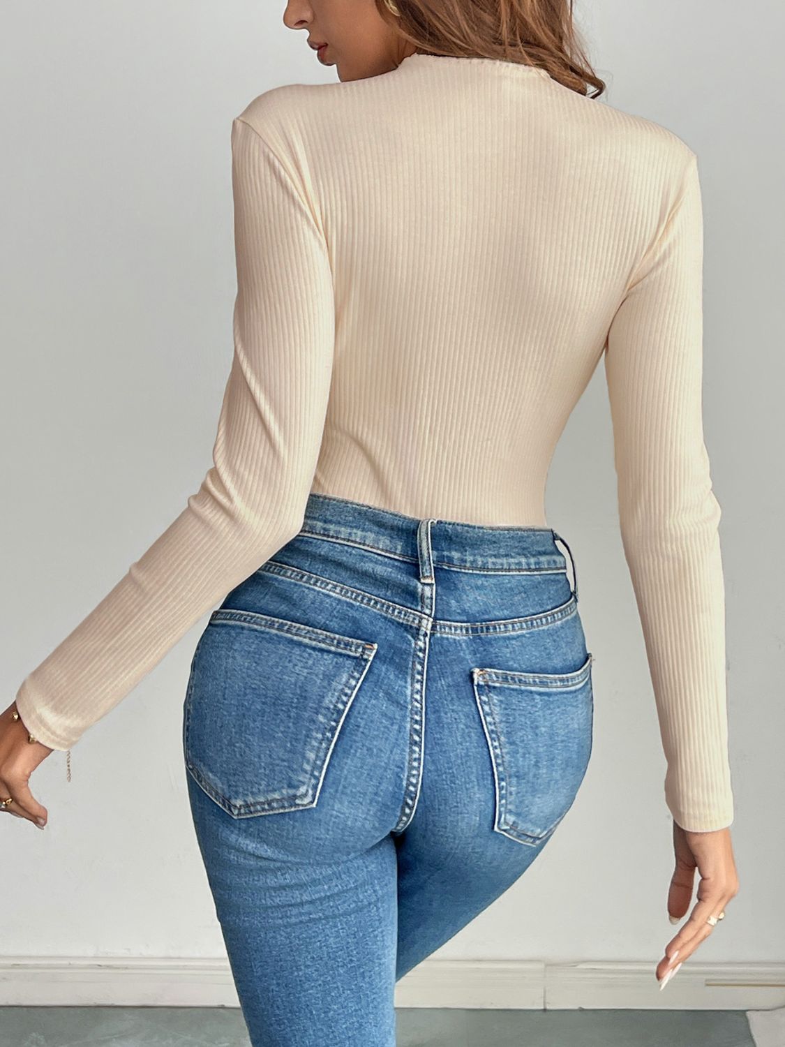 Perfee Decorative Button Round Neck Long Sleeve Bodysuit free shipping -Oh Em Gee Boutique