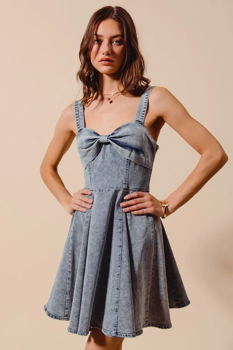 SO ME Mineral Washed Bow Ribbon Denim Flare Dress free shipping -Oh Em Gee Boutique