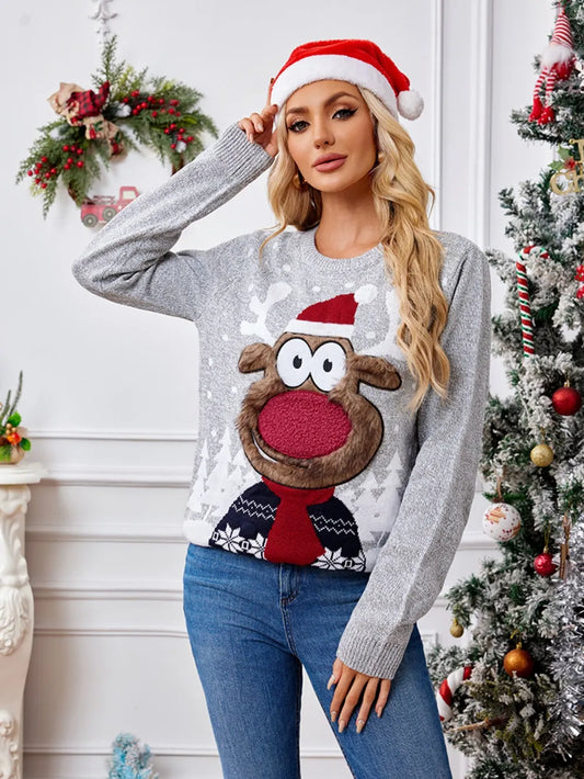 Reindeer Round Neck Long Sleeve Sweater free shipping -Oh Em Gee Boutique