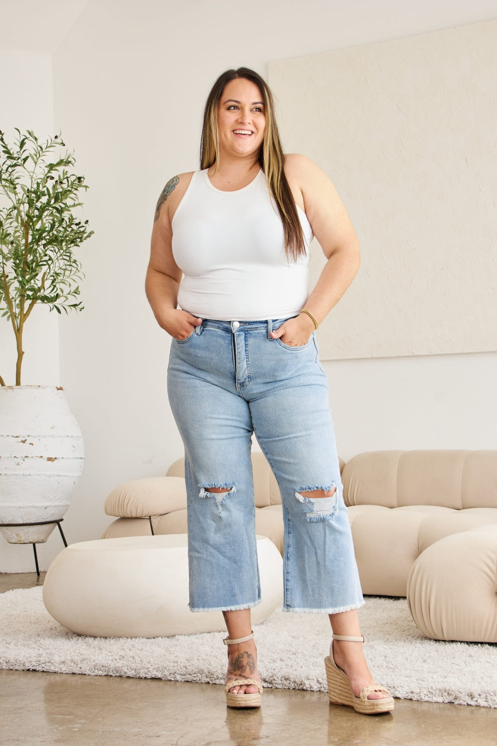 RFM Full Size Tummy Control High Waist Raw Hem Distressed Jeans free shipping -Oh Em Gee Boutique