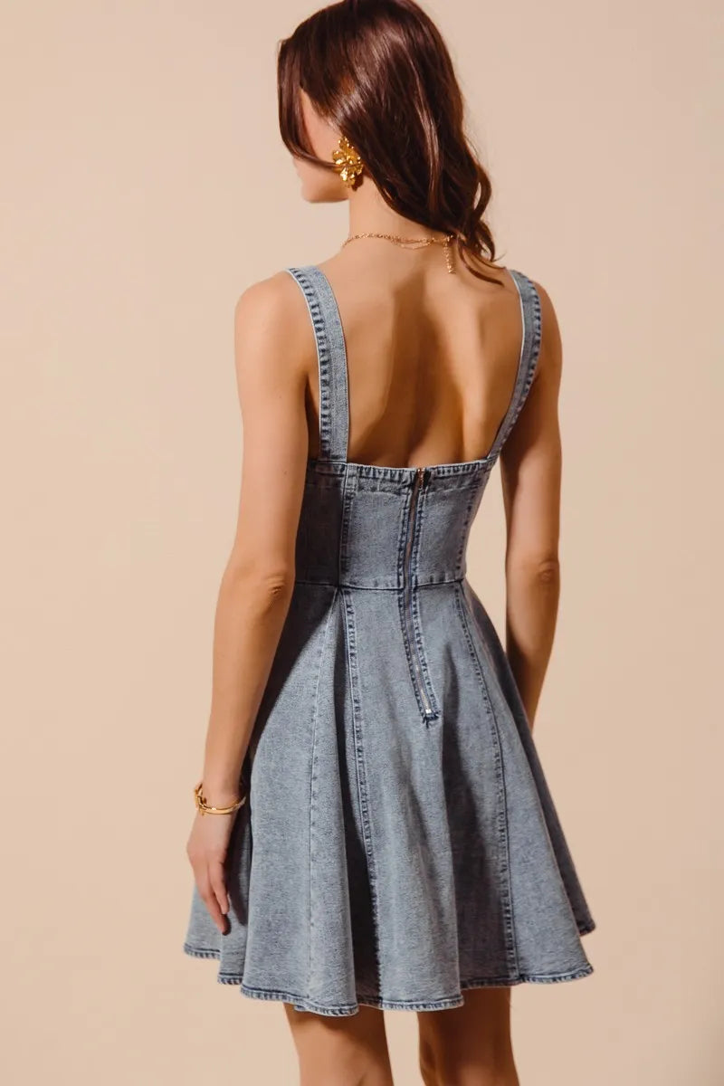 SO ME Mineral Washed Bow Ribbon Denim Flare Dress free shipping -Oh Em Gee Boutique