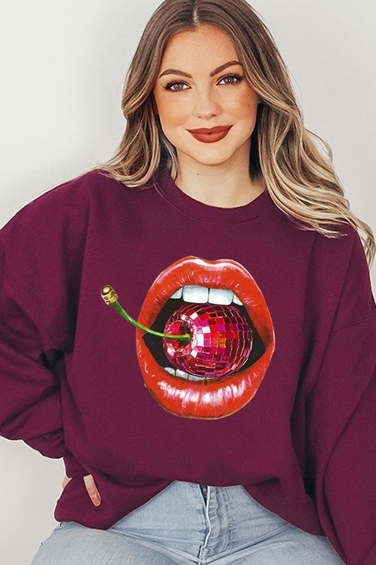 Disco Cherry Lips Graphic Plus Size Sweatshirt free shipping -Oh Em Gee Boutique