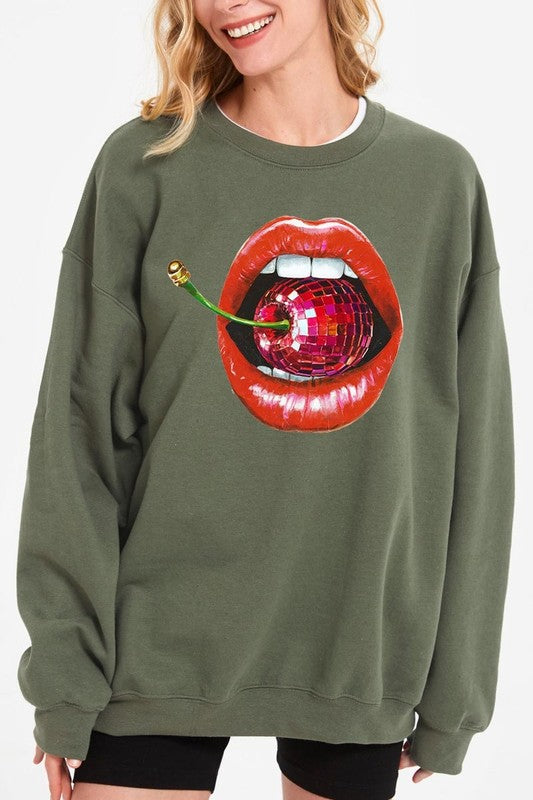 Disco Cherry Lips Graphic Plus Size Sweatshirt free shipping -Oh Em Gee Boutique