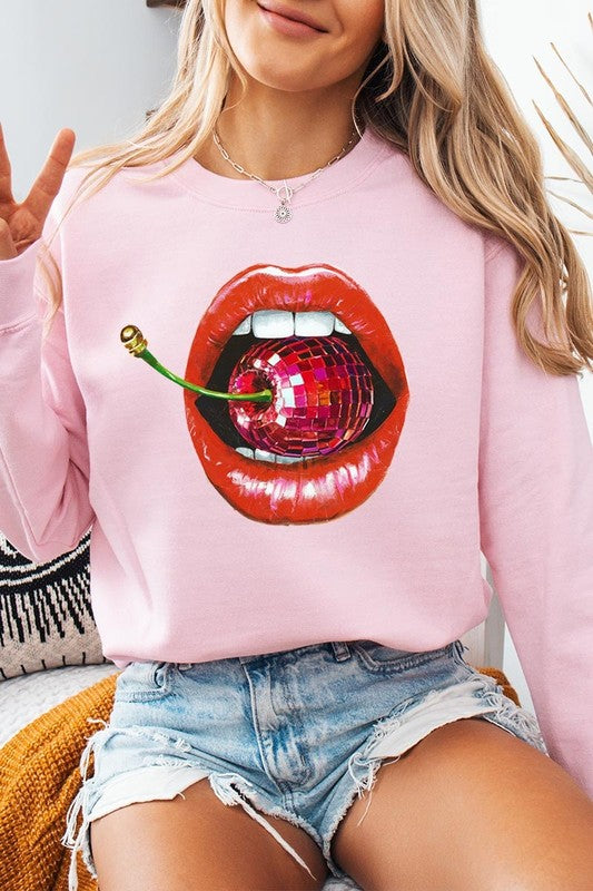 Disco Cherry Lips Graphic Plus Size Sweatshirt free shipping -Oh Em Gee Boutique