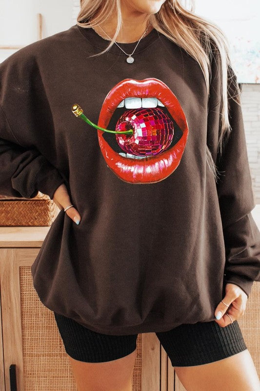 Disco Cherry Lips Graphic Plus Size Sweatshirt free shipping -Oh Em Gee Boutique