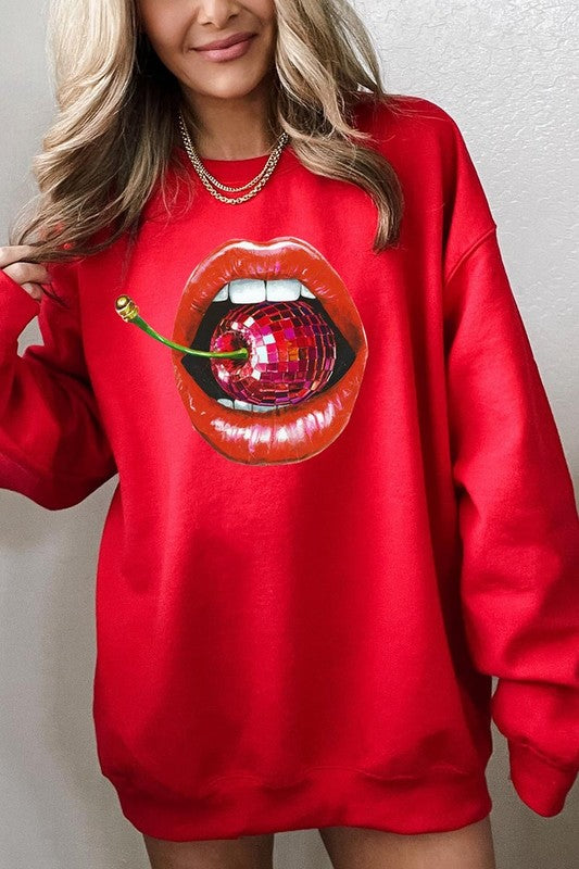 Disco Cherry Lips Graphic Plus Size Sweatshirt free shipping -Oh Em Gee Boutique