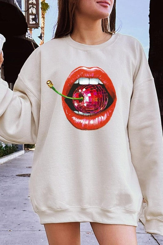 Disco Cherry Lips Graphic Plus Size Sweatshirt free shipping -Oh Em Gee Boutique