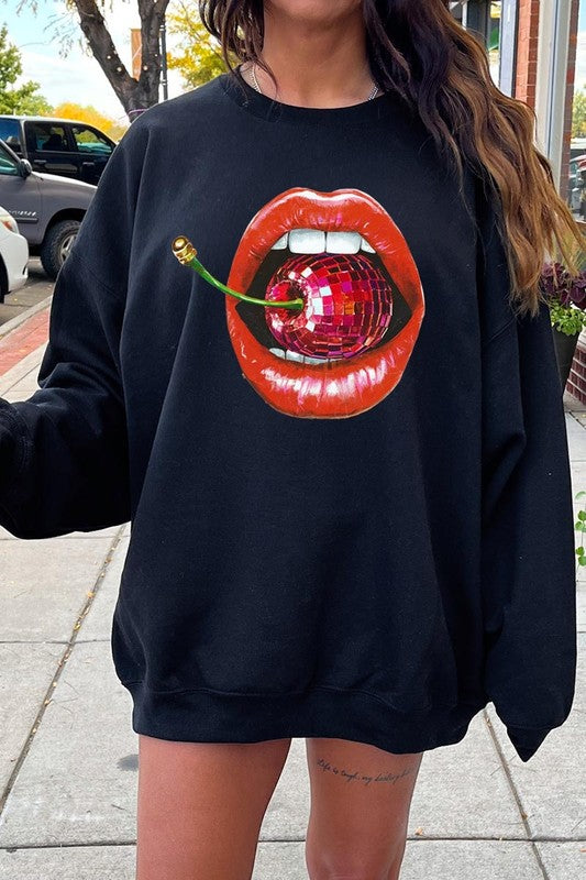 Disco Cherry Lips Graphic Plus Size Sweatshirt free shipping -Oh Em Gee Boutique