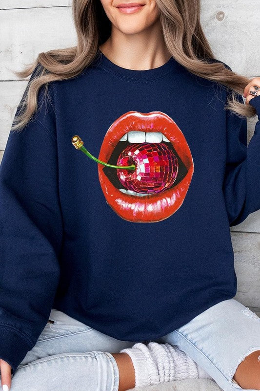 Disco Cherry Lips Graphic Plus Size Sweatshirt free shipping -Oh Em Gee Boutique