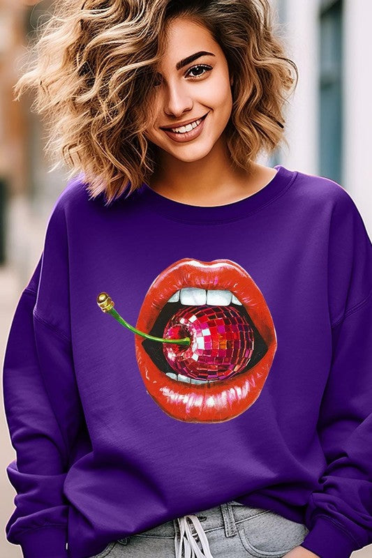 Disco Cherry Lips Graphic Plus Size Sweatshirt free shipping -Oh Em Gee Boutique
