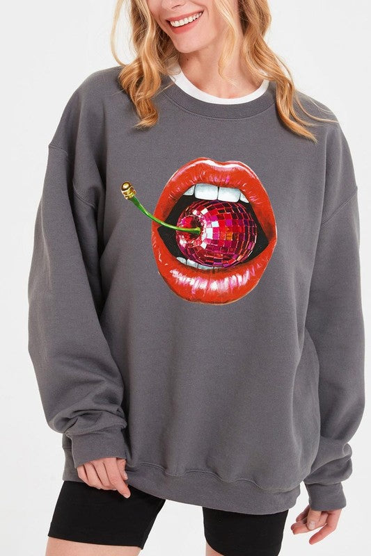Disco Cherry Lips Graphic Plus Size Sweatshirt free shipping -Oh Em Gee Boutique