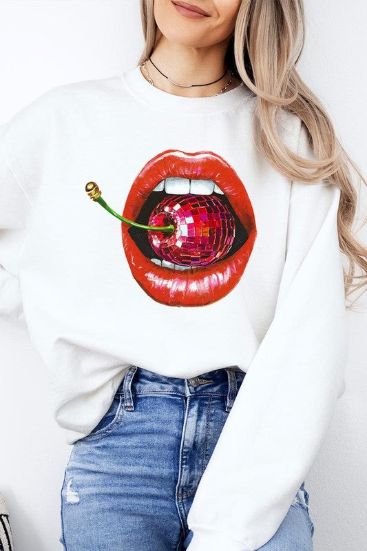 Disco Cherry Lips Graphic Plus Size Sweatshirt free shipping -Oh Em Gee Boutique
