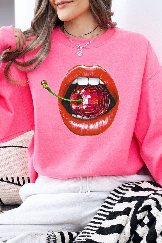 Disco Cherry Lips Graphic Plus Size Sweatshirt free shipping -Oh Em Gee Boutique