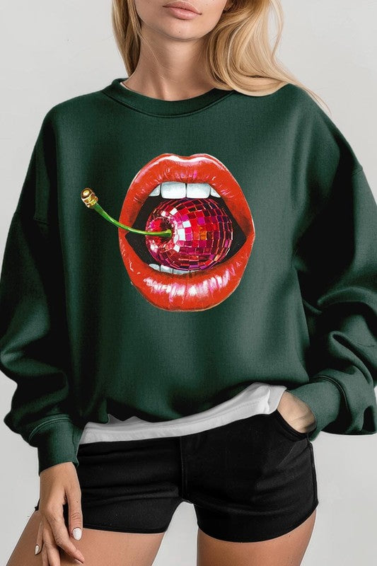 Disco Cherry Lips Graphic Plus Size Sweatshirt free shipping -Oh Em Gee Boutique