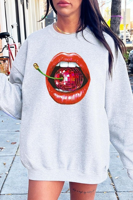 Disco Cherry Lips Graphic Plus Size Sweatshirt free shipping -Oh Em Gee Boutique