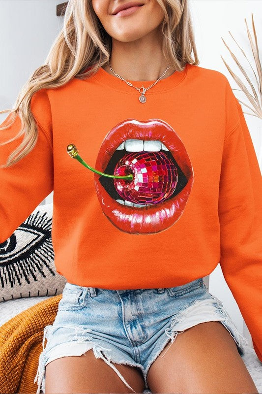 Disco Cherry Lips Graphic Plus Size Sweatshirt free shipping -Oh Em Gee Boutique